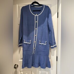 Blue Long Sleeve Dress with White Trim